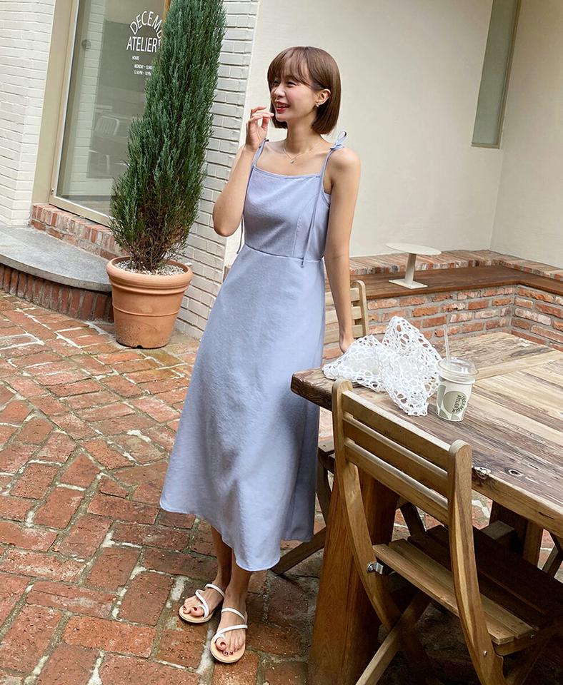 【10%OFF】リボンキャミワンピース・t01107 レディース 【ops】ワンピース ロング丈 スリーブレス ノースリーブ キャミソール りぼん 単色 無地 シンプル フェミニン 大人 スクエアネック Aライン 春 夏 韓国ファッション セール SALE