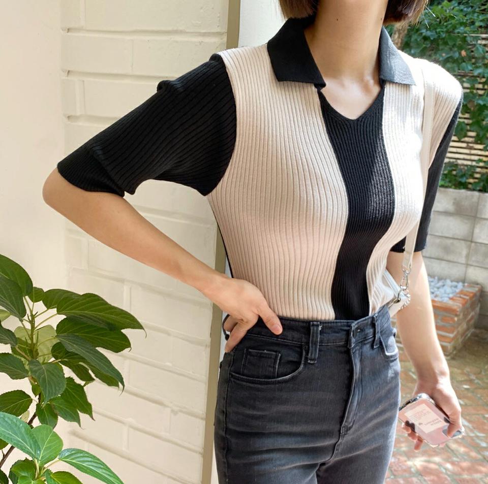 配色カラーニット・b01108 レディース 【tops】トップス ニット 年上 半袖 ハーフスリーブ 配色 ポロ襟 リブ シンプル カジュアル ラフ 大人 バイカラー 春 夏 韓国ファッション