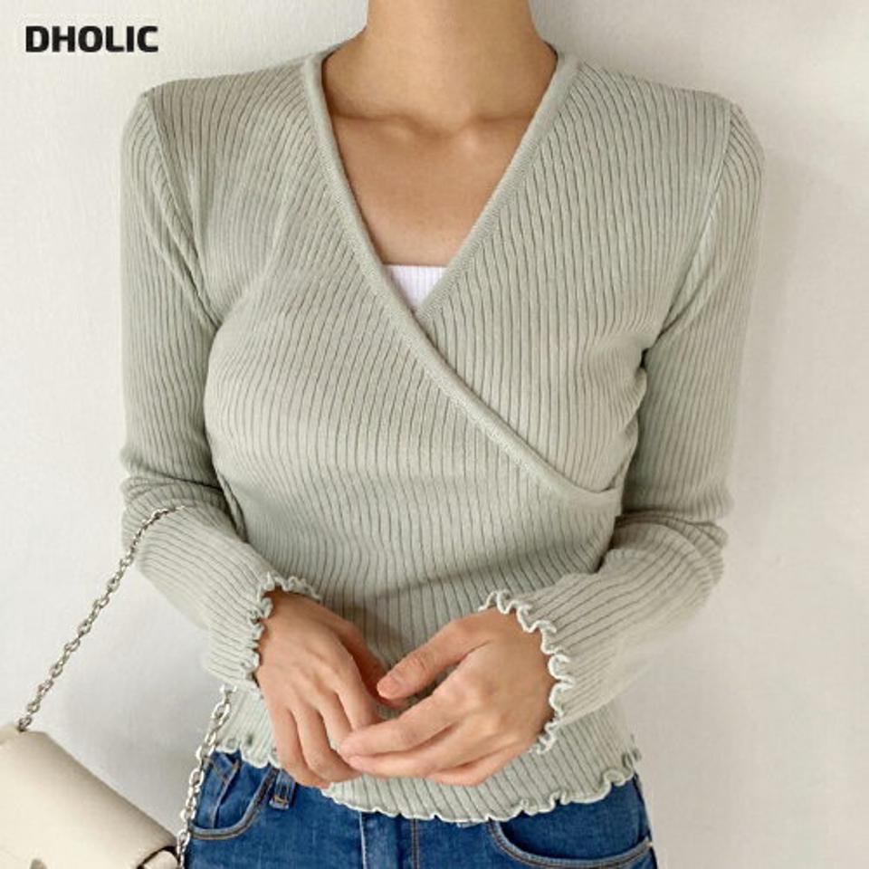 リブクロスメロウニット・t01080 レディース 【tops】トップス ニット 長袖 メロウ リブ Vネック クロップド丈 短丈 黄緑 単色 シンプル 無地 カジュアル 大人 春 秋 韓国ファッション