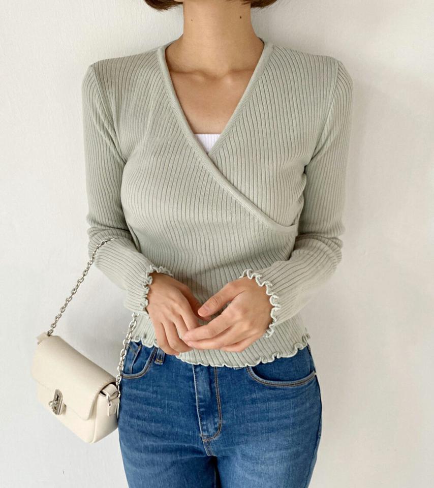 リブクロスメロウニット・t01080 レディース 【tops】トップス ニット 長袖 メロウ リブ Vネック クロップド丈 短丈 黄緑 単色 シンプル 無地 カジュアル 大人 春 秋 韓国ファッション