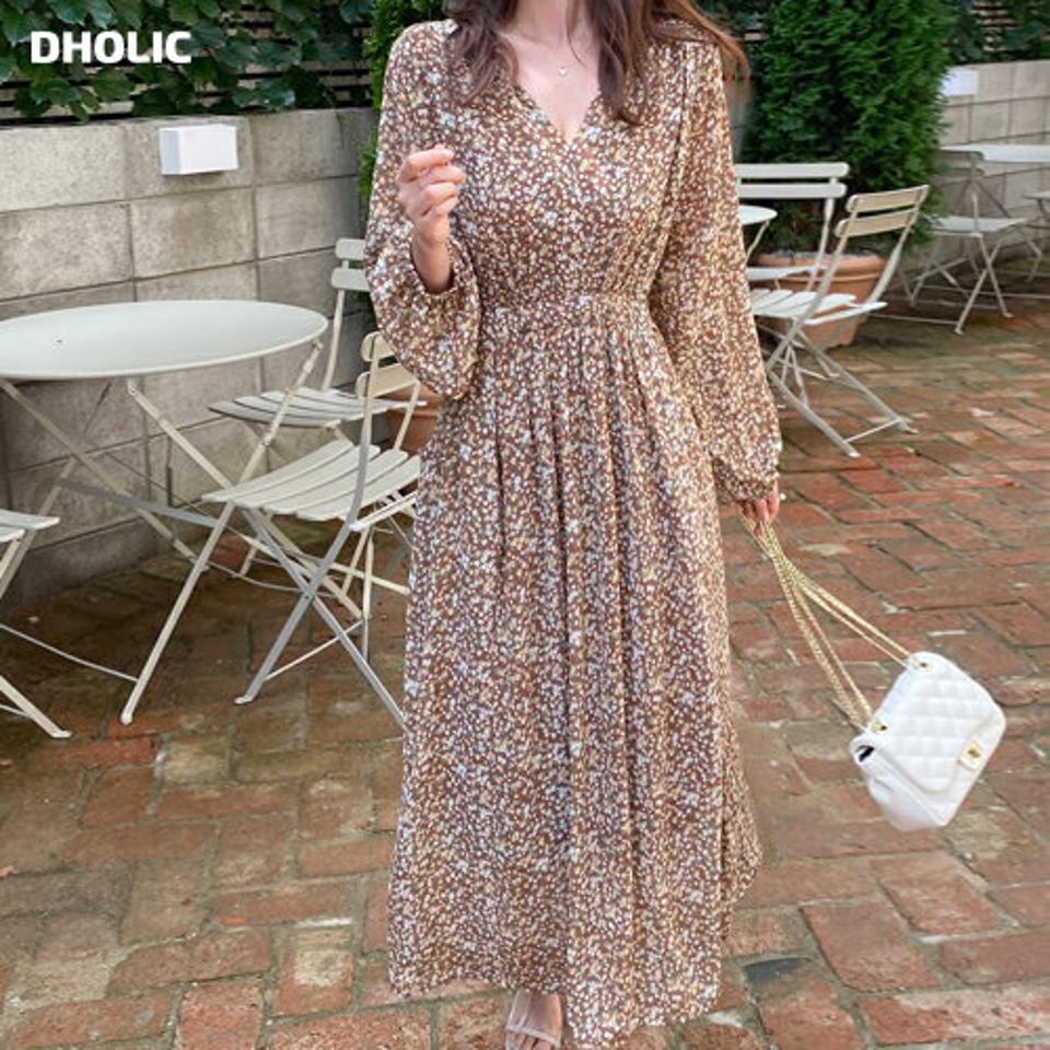 ストリング付花柄ワンピース・b01073 レディース 【ops】ワンピース ロング丈 長袖 ストリング 花柄 フェミニン 揺れ感 大人 Aライン ギャザー ウエストゴム Vネック レトロ ブラウン 茶色 秋 韓国ファッション