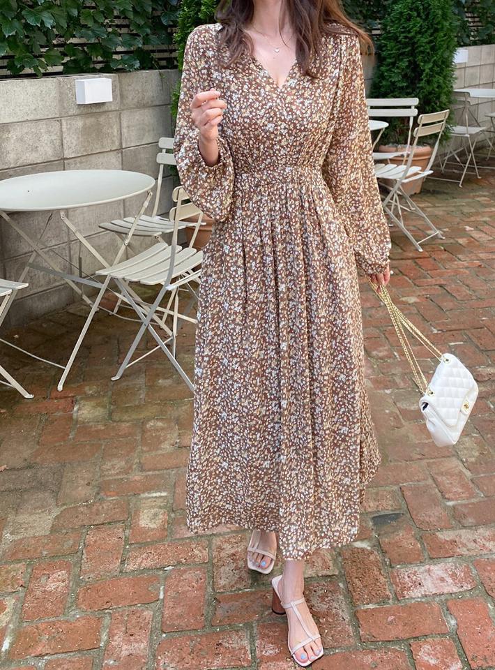 ストリング付花柄ワンピース・b01073 レディース 【ops】ワンピース ロング丈 長袖 ストリング 花柄 フェミニン 揺れ感 大人 Aライン ギャザー ウエストゴム Vネック レトロ ブラウン 茶色 秋 韓国ファッション