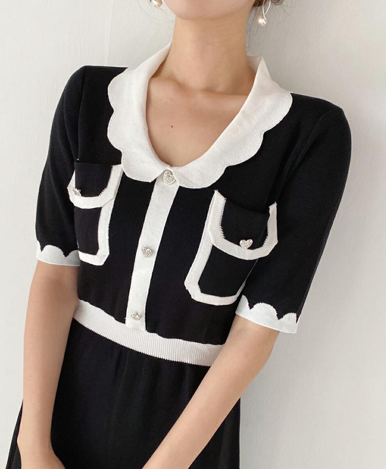 【10%OFF】ハート配色ニットワンピース・t01076 レディース 【ops】ワンピース ミニワンピース ショート丈 半袖 ハートボタン 丸襟 配色 ニット 大人 ガーリー かわいい 可愛い 量産型 Aライン スカラップ モノトーン 春 夏 韓国ファッション セール SALE