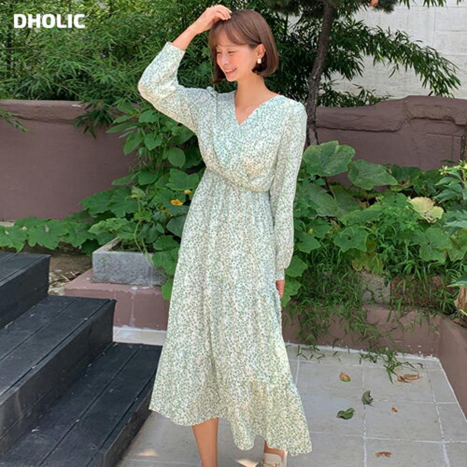 花柄ティアードワンピース・t68336 レディース 【ops】ワンピース ロング丈 長袖 花柄 小花柄 ティアード フェミニン ウエストゴム カシュクール Vネック 大人 かわいい 緑 春 秋 韓国ファッション