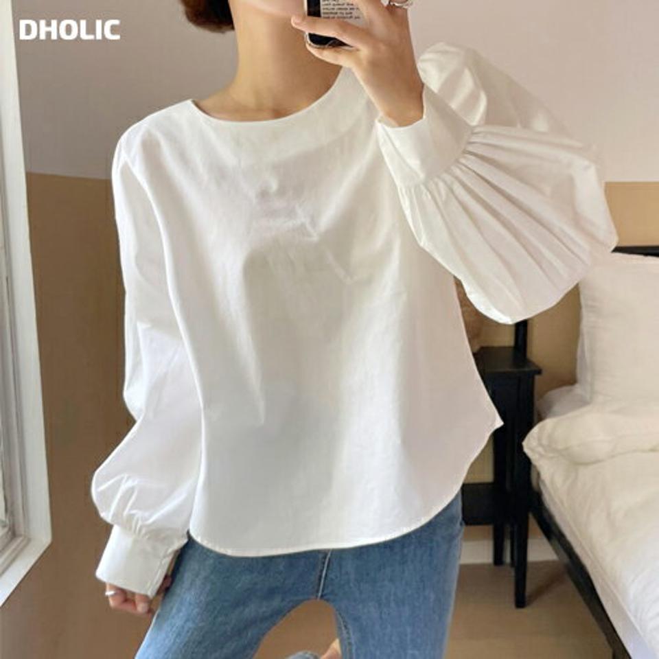 パフスリーブブラウス・t68347 レディース 【bl】トップス ブラウス 長袖 パフスリーブ ボリューム袖 袖コン ラウンドネック フェミニン 大人 かわいい 可愛い 単色 無地 シンプル 春 秋 韓国ファッション