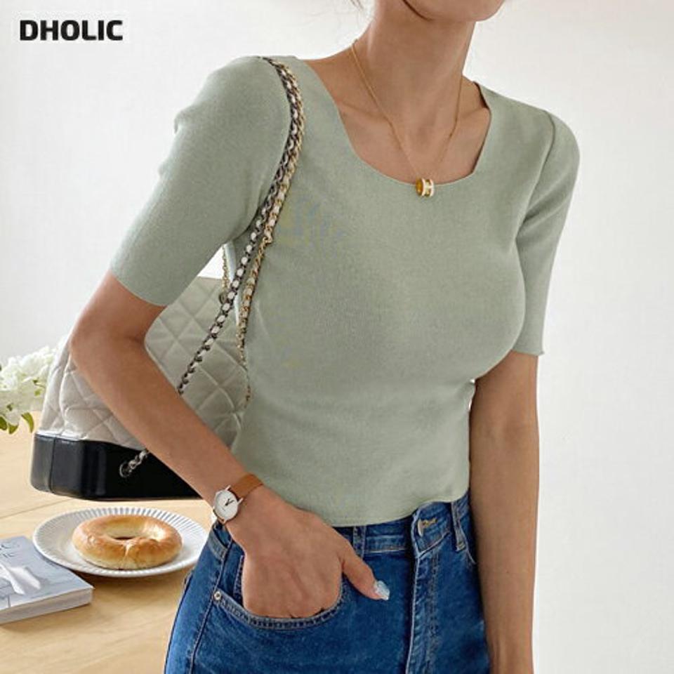 【10%OFF】スクエアネッククロップドニット・t68301 レディース 【tops】トップス ニット 半袖 スクエアネック デコルテ 鎖骨 クロップド丈 単色 無地 シンプル ベーシック スリム タイト 大人 黄緑 パステル 夏 韓国ファッション セール SALE