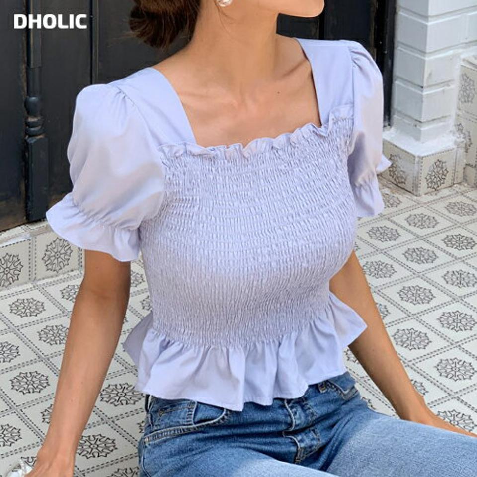 【10%OFF】バックリボンシャーリングブラウス・t68267 レディース 【bl】トップス ブラウス 半袖 パフスリーブ フリル シャーリング スクエアネック デコルテ 鎖骨 フェミニン かわいい 大人 水色 夏 韓国ファッション セール SALE