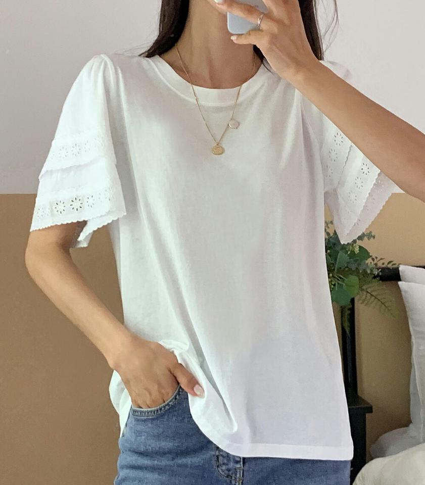 ダブルレースパフスリーブTシャツ・b68265 レディース 【tops】トップス Tシャツ 半袖 レース 袖コン パフスリーブ フェミニン ラウンドネック かわいい 水色 パステル ハーフスリーブ スカラップ アイレットレース 二の腕カバー 夏 韓国ファッション