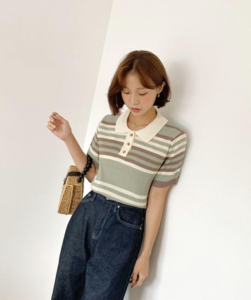 ボーダーカラーニット・t68328 レディース 【tops】トップス ニット 半袖 ボーダー柄 マルチボーダー ポロ襟 襟 カジュアル 水色 かわいい 大人 ラフ リブ サマーニット 夏 韓国ファッション