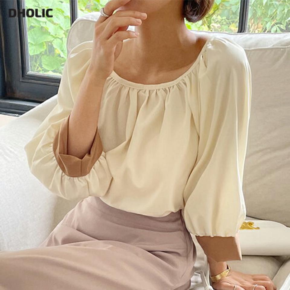 バックリボンパフブラウス・b68331 レディース 【bl】トップス ブラウス 七分袖 七分丈 7分袖 7分丈 配色 りぼん パフスリーブ フェミニン オフィスカジュアル きれいめ 大人 ラグランスリーブ ギャザー ベージュ 春 秋 韓国ファッション