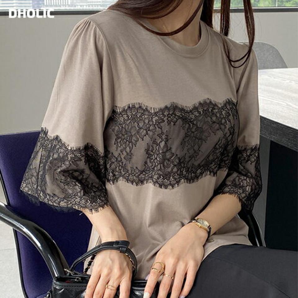 レース配色Tシャツ・b00936 レディース 【tops】トップス Tシャツ 半袖 柄 模様 レース 配色 二の腕カバー 体型カバー オーバー ルーズ 春 夏 フェミニン 大人 きれいめ 上品 かわいい 可愛い 灰色 黒 韓国ファッション ハイホリHIHOLLI