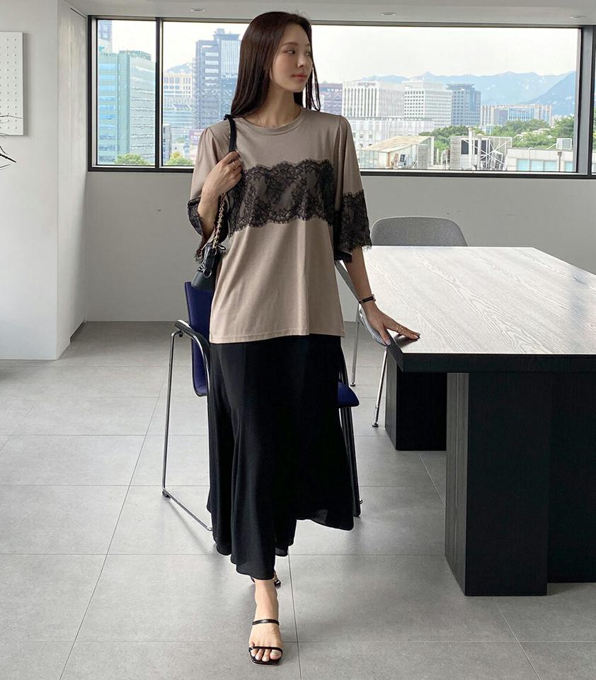 レース配色Tシャツ・b00936 レディース 【tops】トップス Tシャツ 半袖 柄 模様 レース 配色 二の腕カバー 体型カバー オーバー ルーズ 春 夏 フェミニン 大人 きれいめ 上品 かわいい 可愛い 灰色 黒 韓国ファッション ハイホリHIHOLLI