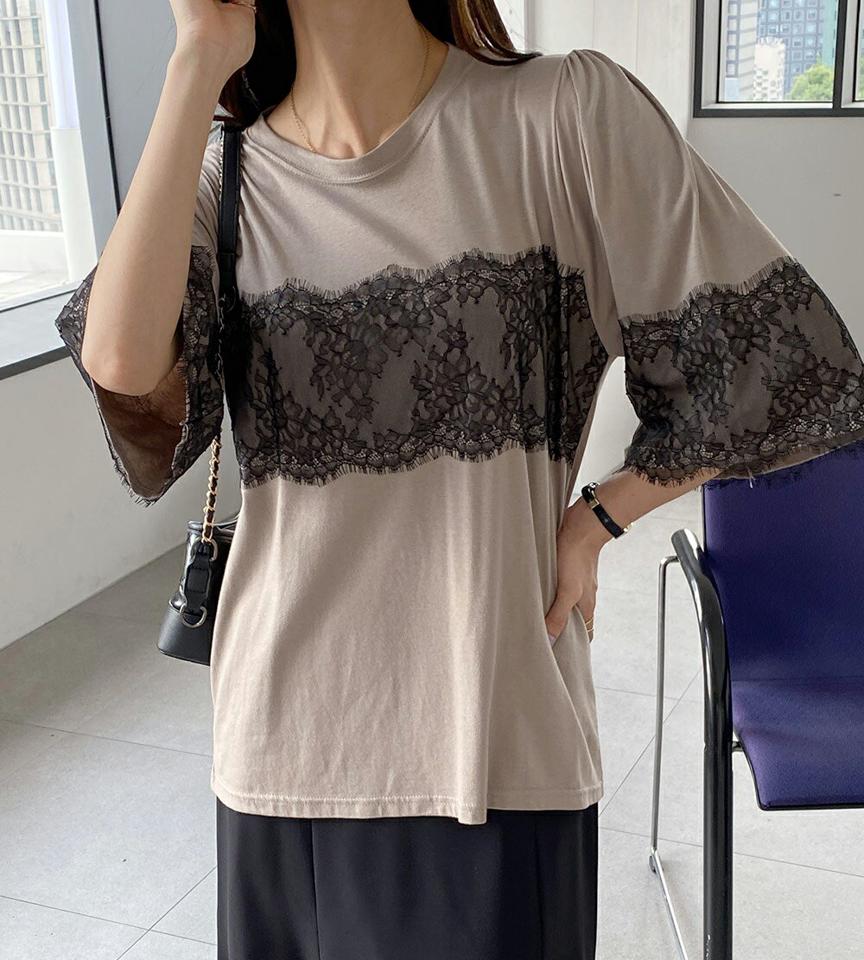 レース配色Tシャツ・b00936 レディース 【tops】トップス Tシャツ 半袖 柄 模様 レース 配色 二の腕カバー 体型カバー オーバー ルーズ 春 夏 フェミニン 大人 きれいめ 上品 かわいい 可愛い 灰色 黒 韓国ファッション ハイホリHIHOLLI
