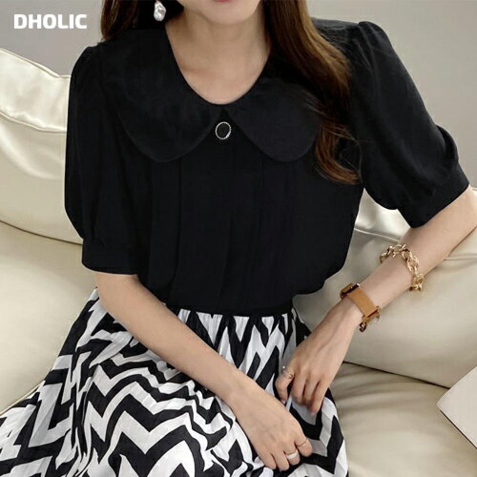 ラウンドカラーパフブラウス・t00938 レディース 【bl】ブラウス トップス 半袖 襟 襟コン パフ袖 パフスリーブ 単色 無地 上品 高級感 キュート オフィスカジュアル 丸襟 パール調 春 夏 秋 大人 フェミニン 黒 韓国ファッション ハイホリHIHOLLI