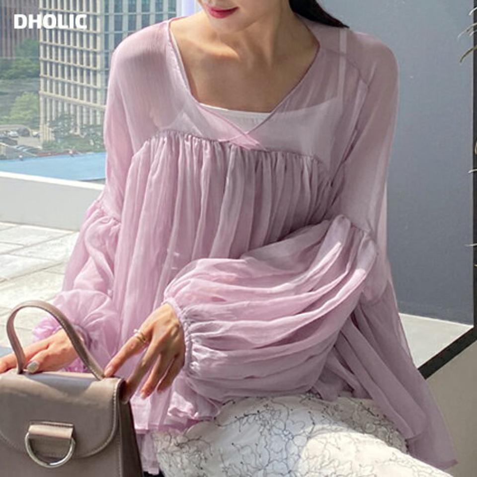キャミ付ギャザーブラウス・b00939 レディース 【bl】アンサンブル セット ブラウス トップス 長袖 単色 透け感 シアー シースルー ギャザー キャミ付き パステル 体型カバー お腹カバー 春 秋 フェミニン 紫 韓国ファッション ハイホリHIHOLLI