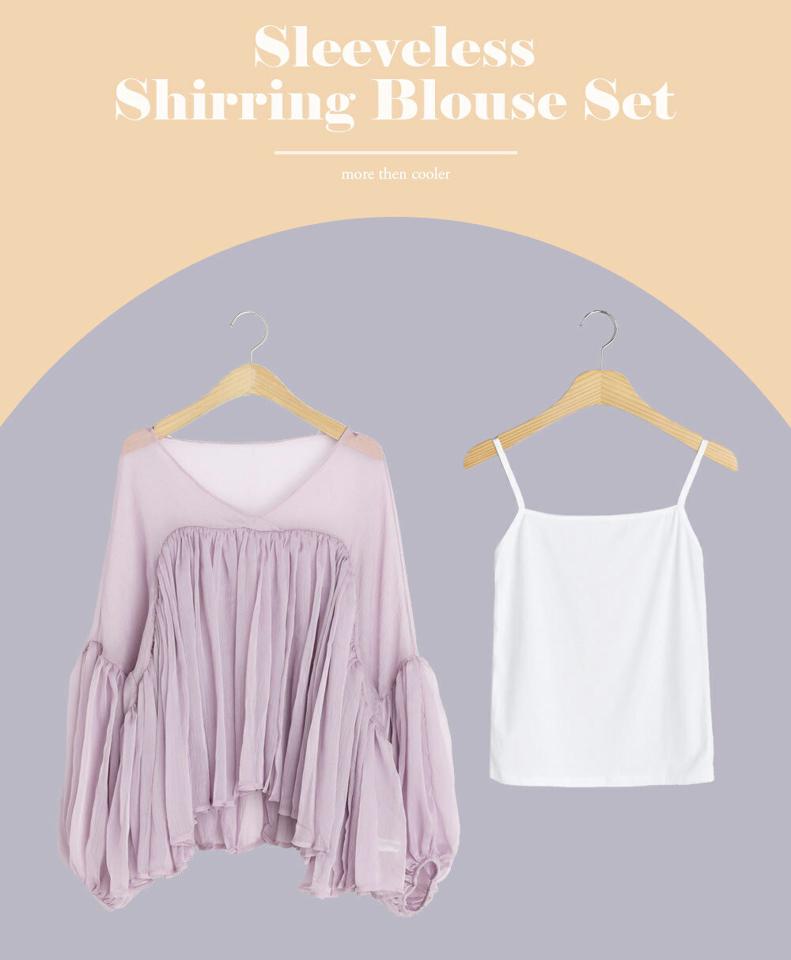 キャミ付ギャザーブラウス・b00939 レディース 【bl】アンサンブル セット ブラウス トップス 長袖 単色 透け感 シアー シースルー ギャザー キャミ付き パステル 体型カバー お腹カバー 春 秋 フェミニン 紫 韓国ファッション ハイホリHIHOLLI