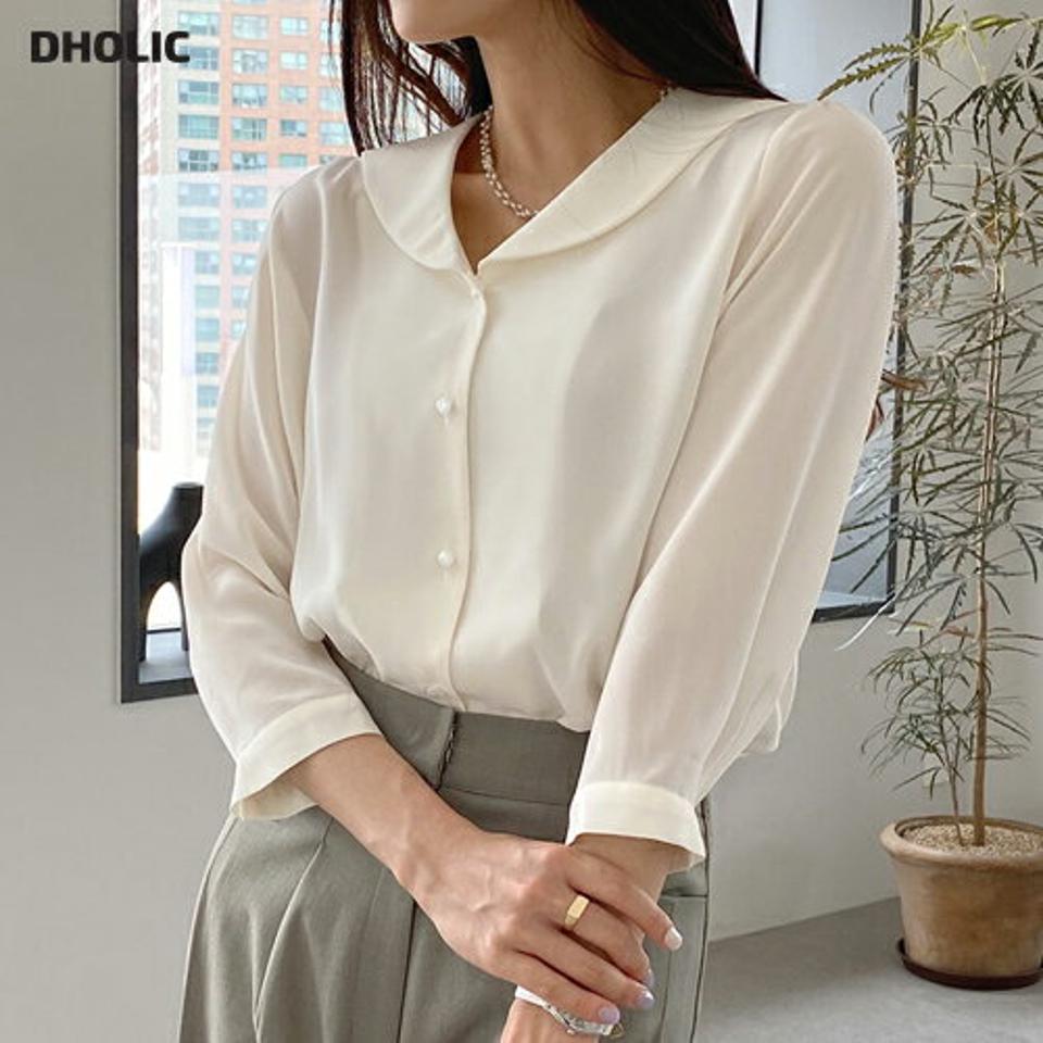 セーラーカラーブラウス・t00942 レディース 【bl】ブラウス トップス 七分袖 7分袖 単色 無地 シンプル ベーシック 襟 ぼたん ボタン 襟コン オフィスカジュアル 春 夏 フェミニン きれいめ 上品 白 ホワイト 韓国ファッション HIHOLLI