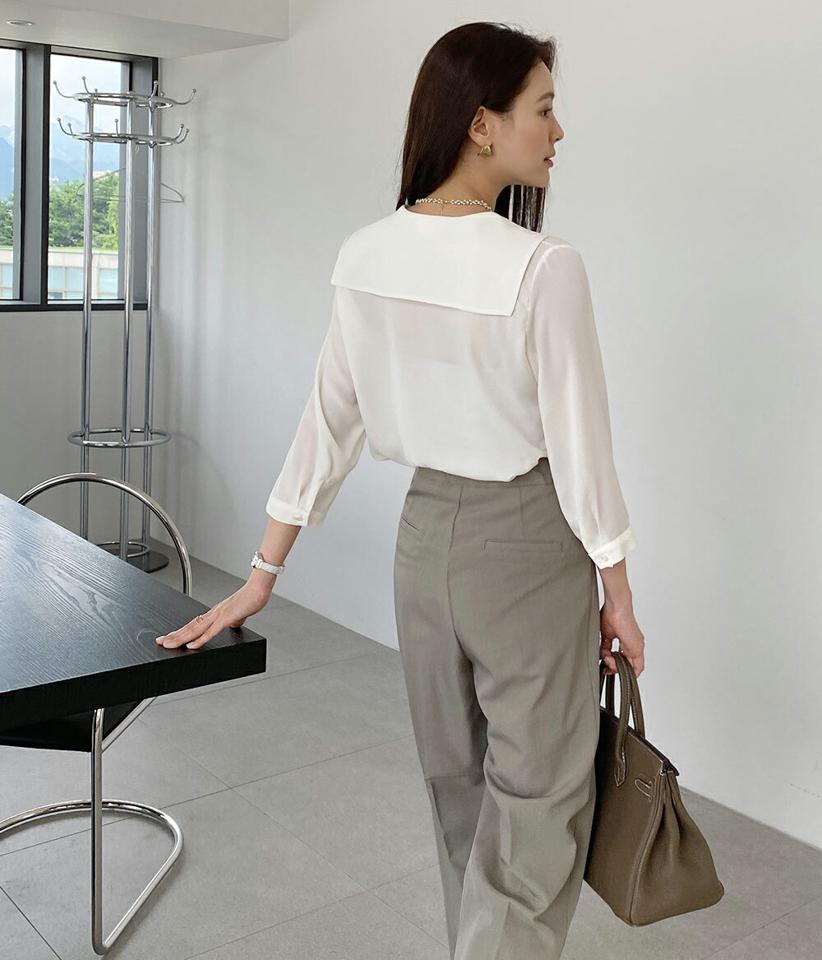 セーラーカラーブラウス・t00942 レディース 【bl】ブラウス トップス 七分袖 7分袖 単色 無地 シンプル ベーシック 襟 ぼたん ボタン 襟コン オフィスカジュアル 春 夏 フェミニン きれいめ 上品 白 ホワイト 韓国ファッション HIHOLLI