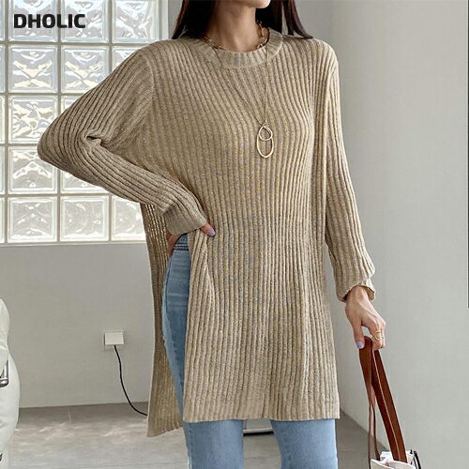 【10%OFF】リブスリットロングニット・b00947 レディース 【tops】ニット リブ 長袖 トップス スリット 単色 ロング丈 シアー スリム 細身 ラウンドネック 体型カバー 春 秋 冬 カジュアル 大人 パステル ベージュ インしない 韓国ファッション ハイホリHIHOLLI 旬セール