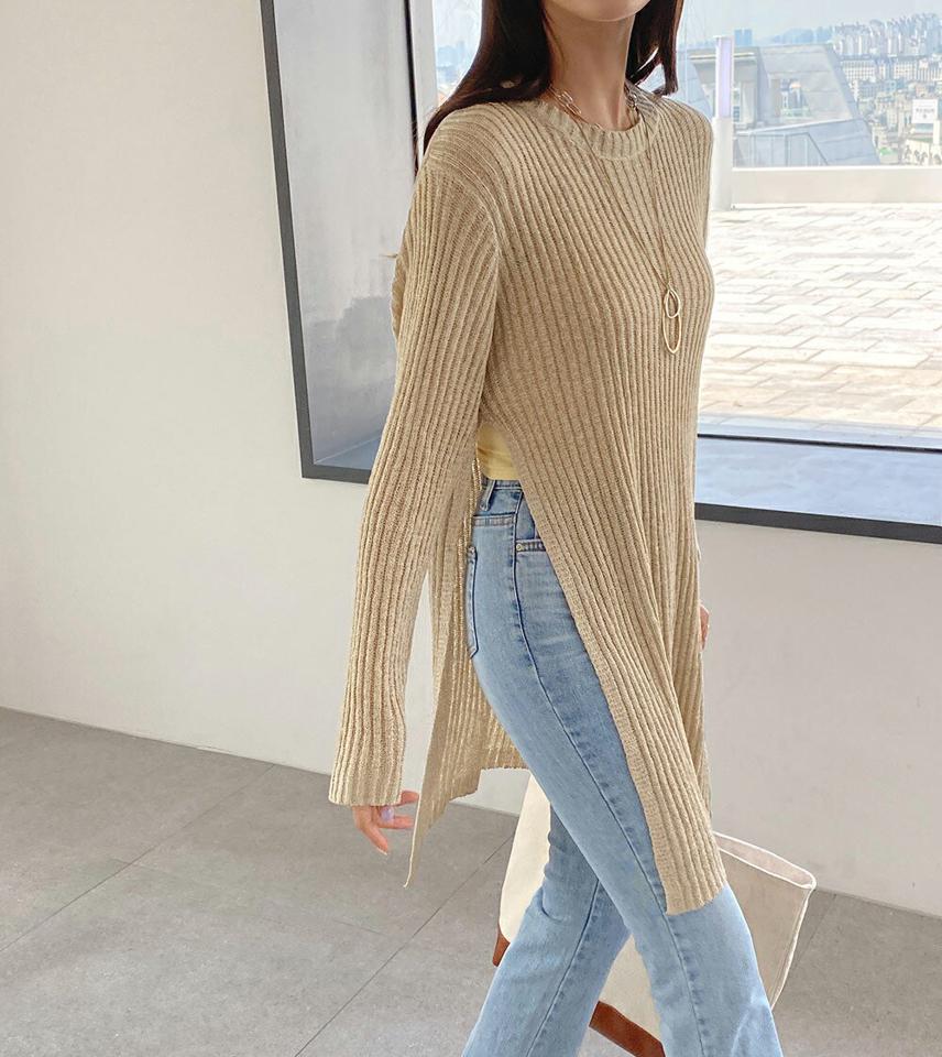 【10%OFF】リブスリットロングニット・b00947 レディース 【tops】ニット リブ 長袖 トップス スリット 単色 ロング丈 シアー スリム 細身 ラウンドネック 体型カバー 春 秋 冬 カジュアル 大人 パステル ベージュ インしない 韓国ファッション ハイホリHIHOLLI 旬セール
