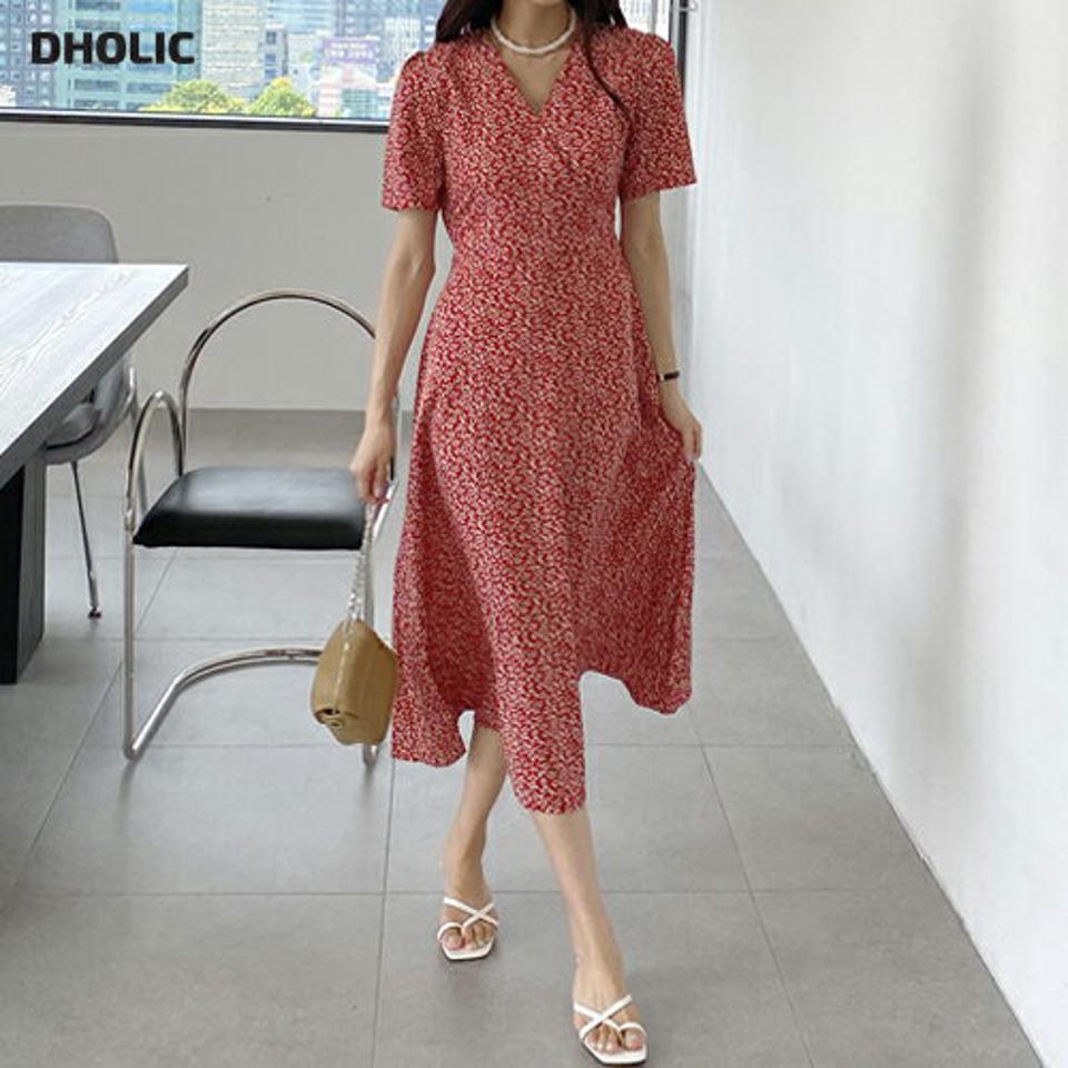 小花柄カシュクールワンピース・t00948 レディース 【ops】ワンピース ロング丈 半袖 柄 模様 小花柄 花柄 カシュクール Vネック 鎖骨 デコルテ フレア ウエストマーク 春 夏 フェミニン かわいい 可愛い 上品 赤 韓国ファッション ハイホリHIHOLLI