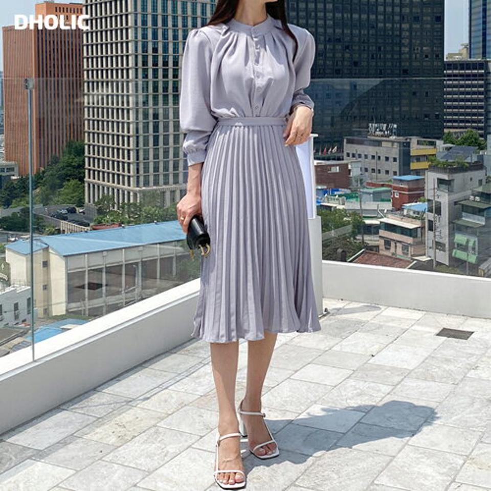 ストラップ付プリーツワンピース・b00951 レディース 【ops】ワンピース ロング丈 ミディ丈 長袖 単色 無地 シンプル ベーシック オフィスカジュアル プリーツ ウエストマーク 揺れ感 春 秋 フェミニン 韓国ファッション ハイホリHIHOLLI