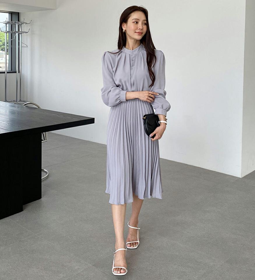 ストラップ付プリーツワンピース・b00951 レディース 【ops】ワンピース ロング丈 ミディ丈 長袖 単色 無地 シンプル ベーシック オフィスカジュアル プリーツ ウエストマーク 揺れ感 春 秋 フェミニン 韓国ファッション ハイホリHIHOLLI