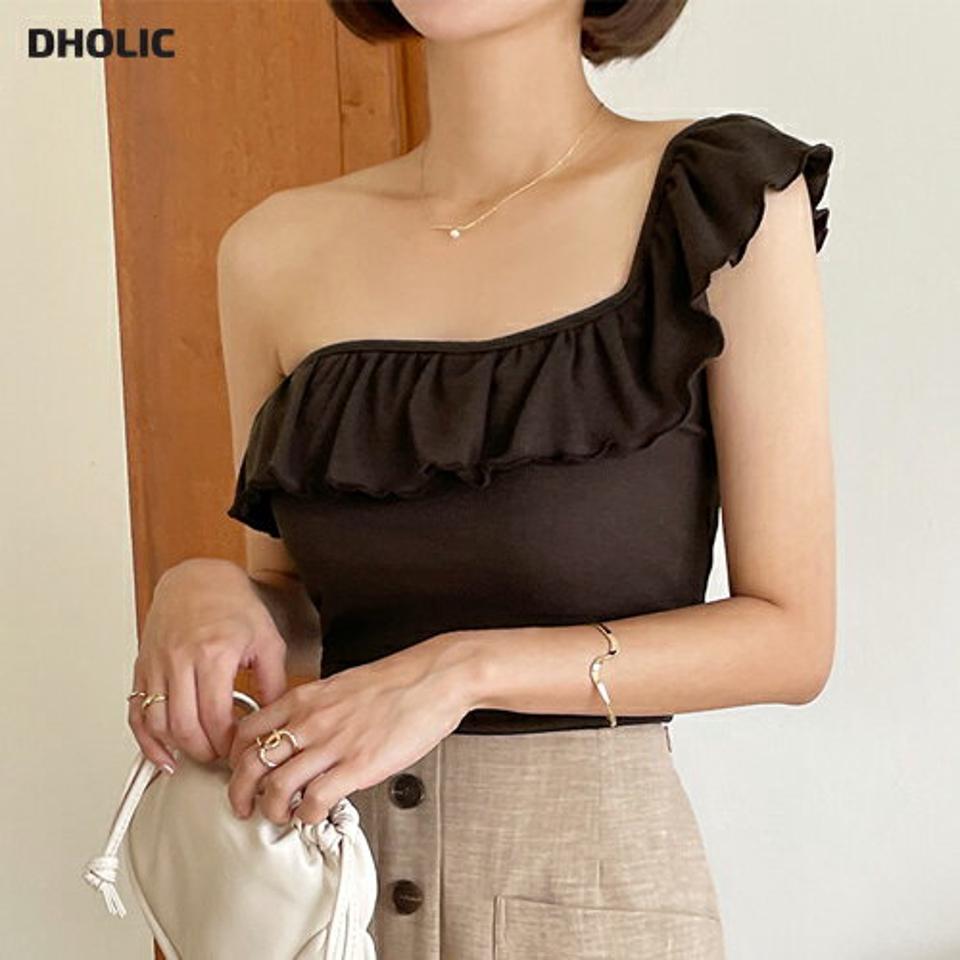 【10%OFF】フリルワンショルダーノースリーブ・t67508 レディース 【tops】トップス スリーブレス ノースリーブ ワンショルダー 肩出し デコルテ 鎖骨 きれいめ フリル 単色 無地 かわいい セクシー リブ ブラウン 茶色 夏 韓国ファッション セール SALE