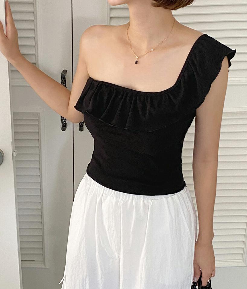 【10%OFF】フリルワンショルダーノースリーブ・t67508 レディース 【tops】トップス スリーブレス ノースリーブ ワンショルダー 肩出し デコルテ 鎖骨 きれいめ フリル 単色 無地 かわいい セクシー リブ ブラウン 茶色 夏 韓国ファッション セール SALE