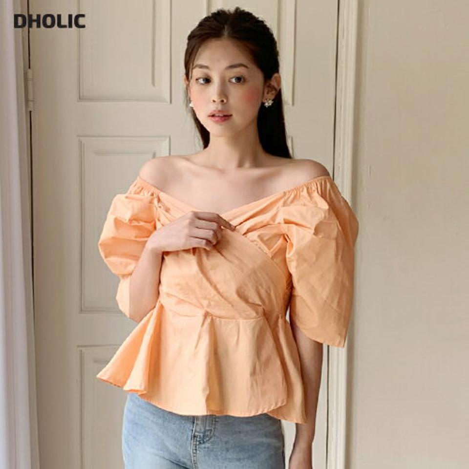 2WAYカシュクールペプラムブラウス・t67495 レディース 【bl】トップス ブラウス 半袖 ハーフスリーブ オフショルダー デコルテ ペプラムトップス お腹カバー カシュクール オレンジ かわいい 可愛い パフスリーブ 夏 韓国ファッション