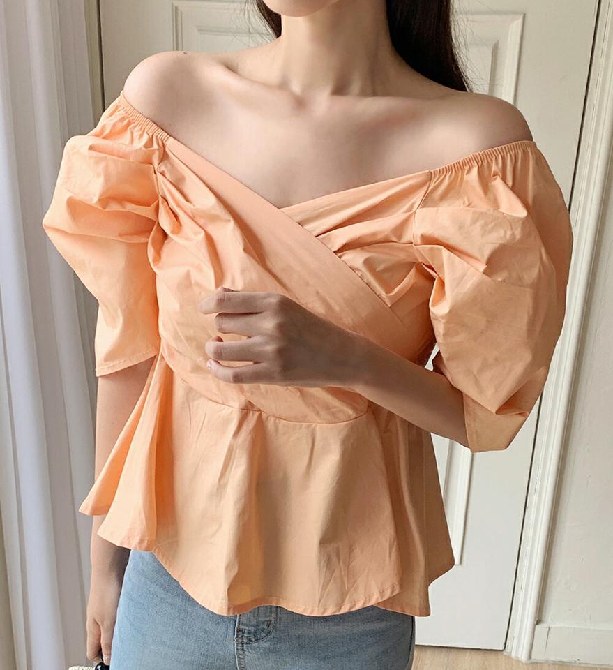 2WAYカシュクールペプラムブラウス・t67495 レディース 【bl】トップス ブラウス 半袖 ハーフスリーブ オフショルダー デコルテ ペプラムトップス お腹カバー カシュクール オレンジ かわいい 可愛い パフスリーブ 夏 韓国ファッション