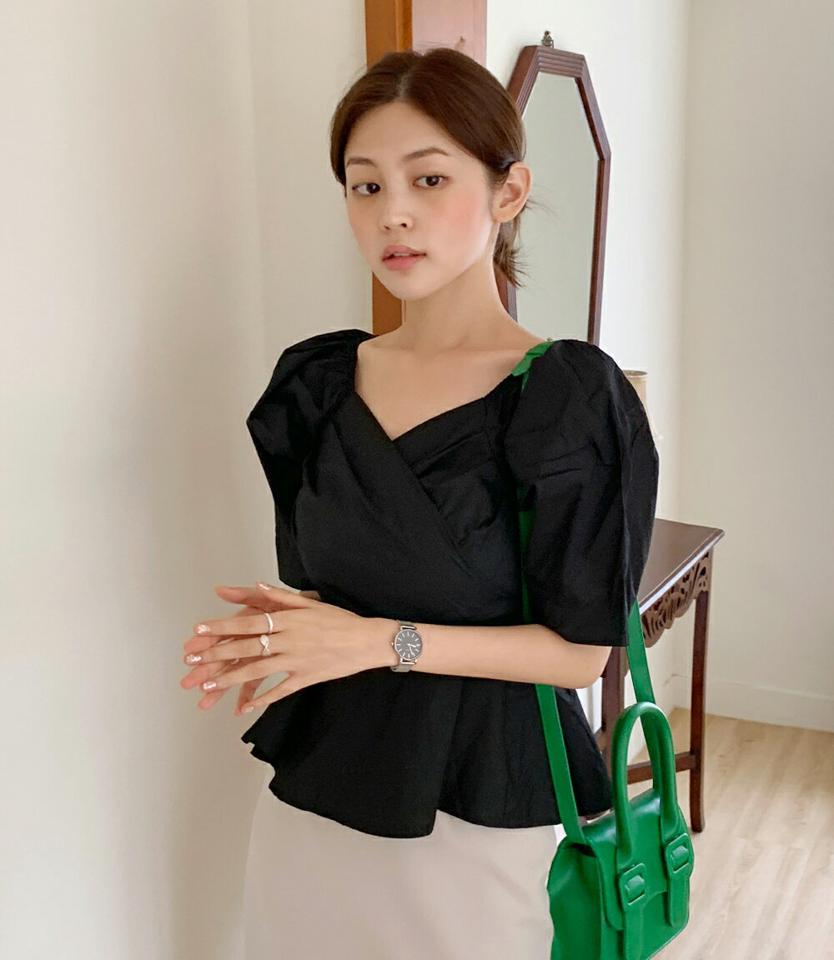 2WAYカシュクールペプラムブラウス・t67495 レディース 【bl】トップス ブラウス 半袖 ハーフスリーブ オフショルダー デコルテ ペプラムトップス お腹カバー カシュクール オレンジ かわいい 可愛い パフスリーブ 夏 韓国ファッション