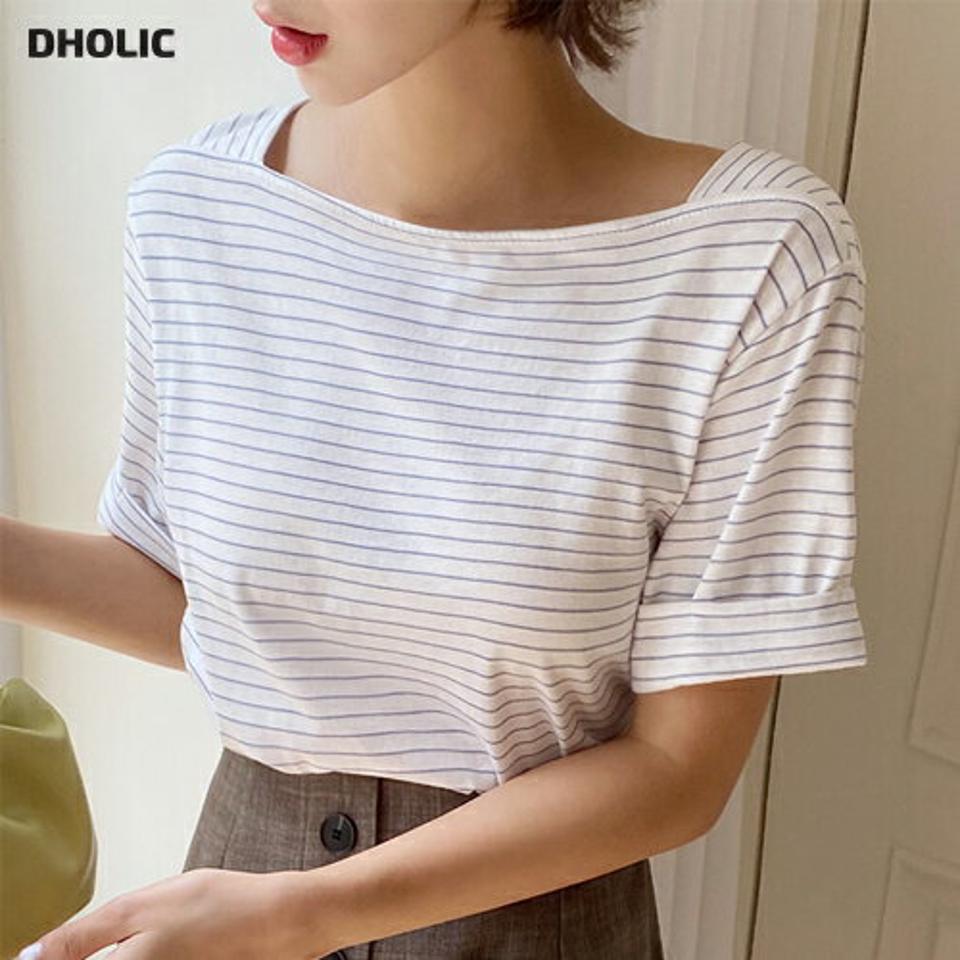 【10%OFF】ロールアップボーダーTシャツ・b67496 レディース 【tops】トップス Tシャツ 半袖 ボーダー柄 ロールアップ ボーダーT スクエアネック カジュアル ラフ 夏 韓国ファッション セール SALE