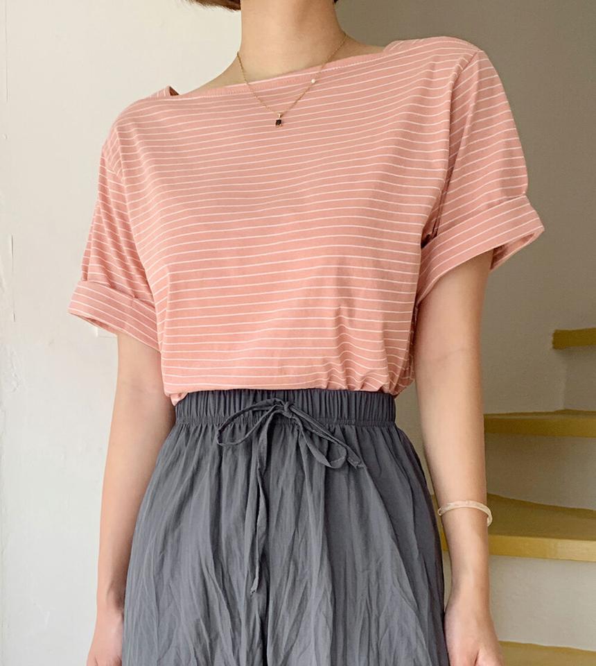 【10%OFF】ロールアップボーダーTシャツ・b67496 レディース 【tops】トップス Tシャツ 半袖 ボーダー柄 ロールアップ ボーダーT スクエアネック カジュアル ラフ 夏 韓国ファッション セール SALE