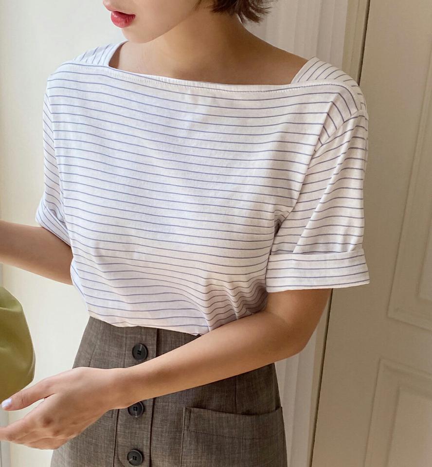 【10%OFF】ロールアップボーダーTシャツ・b67496 レディース 【tops】トップス Tシャツ 半袖 ボーダー柄 ロールアップ ボーダーT スクエアネック カジュアル ラフ 夏 韓国ファッション セール SALE