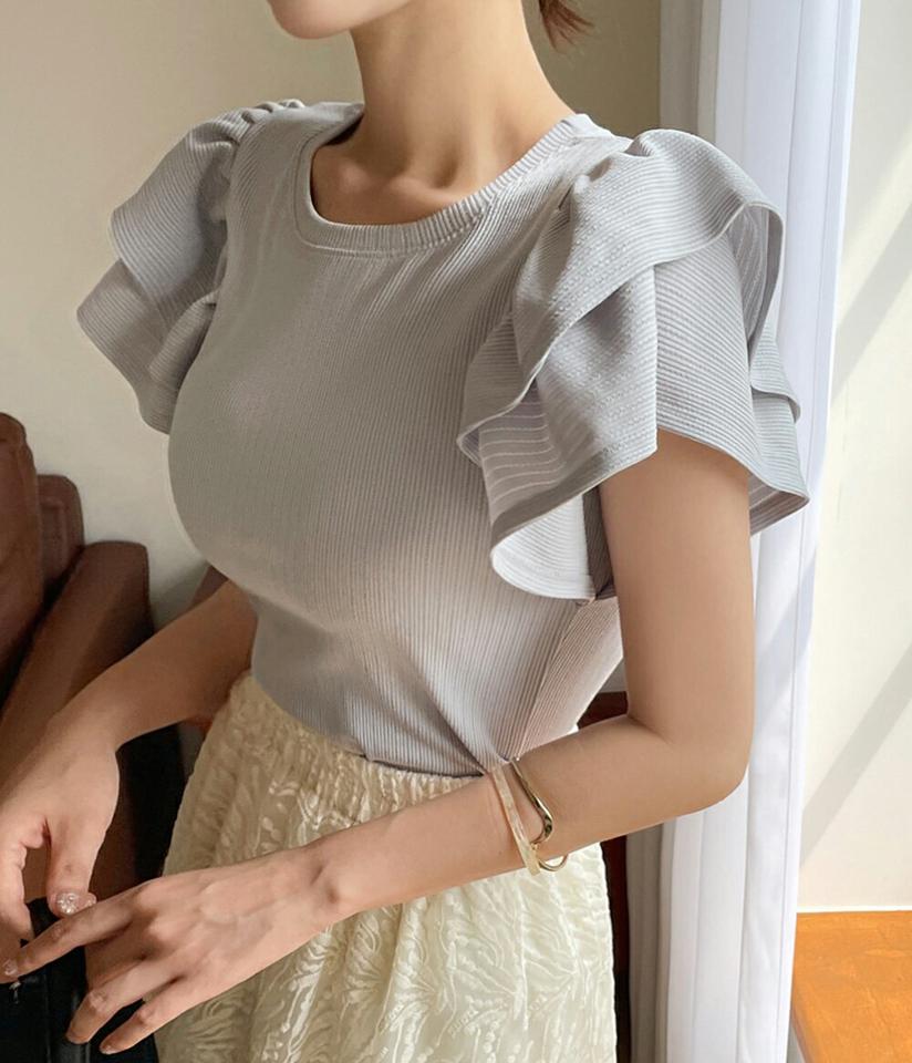 ダブルフリルスリーブTシャツ・t67486 レディース 【tops】トップス Tシャツ 半袖 フリル ボリューム袖 二の腕カバー 袖コン ラウンドネック 単色 無地 シンプル かわいい 可愛い ガーリー 夏 韓国ファッション