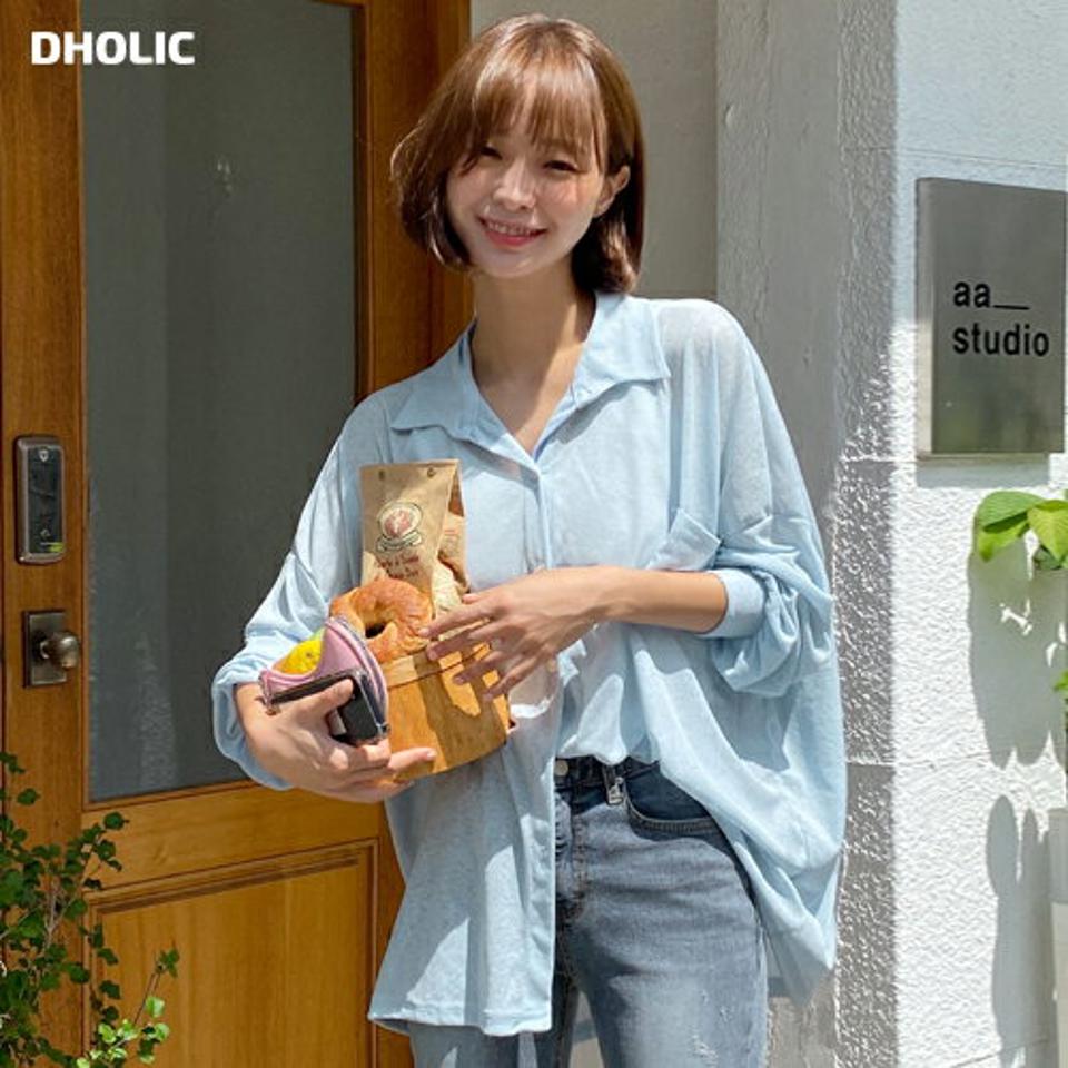 ソフトルーズフィットシャツ・t67026 レディース 【bl】トップス シャツ 長袖 オーバーサイズ ゆったり ルーズ 無地 シンプル ベーシック カジュアル 大人 水色 透け感 シアー シースルー アンバランス ドロップショルダー 夏 春 韓国ファッション