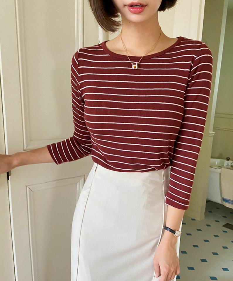 ボーダー7分袖Tシャツ・t67051 レディース 【tops】トップス Tシャツ 七分袖 七分丈 7分袖 7分丈 ボーダー柄 ラウンドネック カジュアル ラフ 赤 ラインレッド 春 秋 韓国ファッション