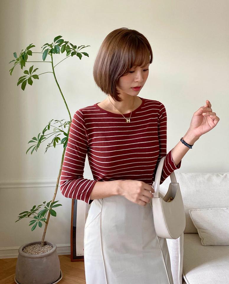 ボーダー7分袖Tシャツ・t67051 レディース 【tops】トップス Tシャツ 七分袖 七分丈 7分袖 7分丈 ボーダー柄 ラウンドネック カジュアル ラフ 赤 ラインレッド 春 秋 韓国ファッション
