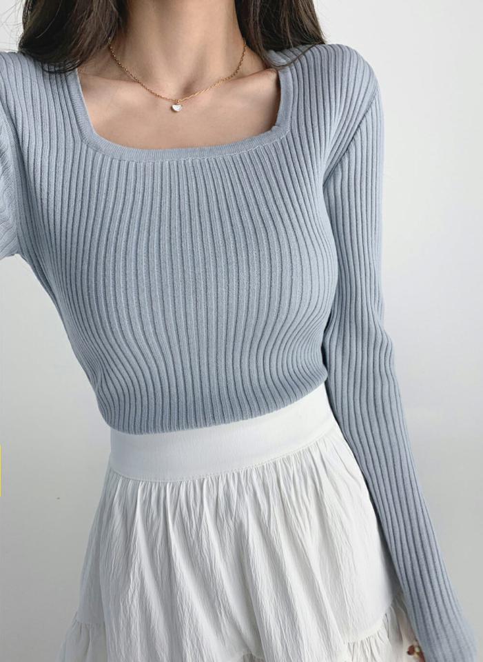 スクエアネックリブスリムニット・t03119 レディース 【tops】トップス ニット 長袖 リブ スクエアネック 単色 無地 シンプル ベーシック 水色 くすみ カジュアル 春 秋 韓国ファッション
