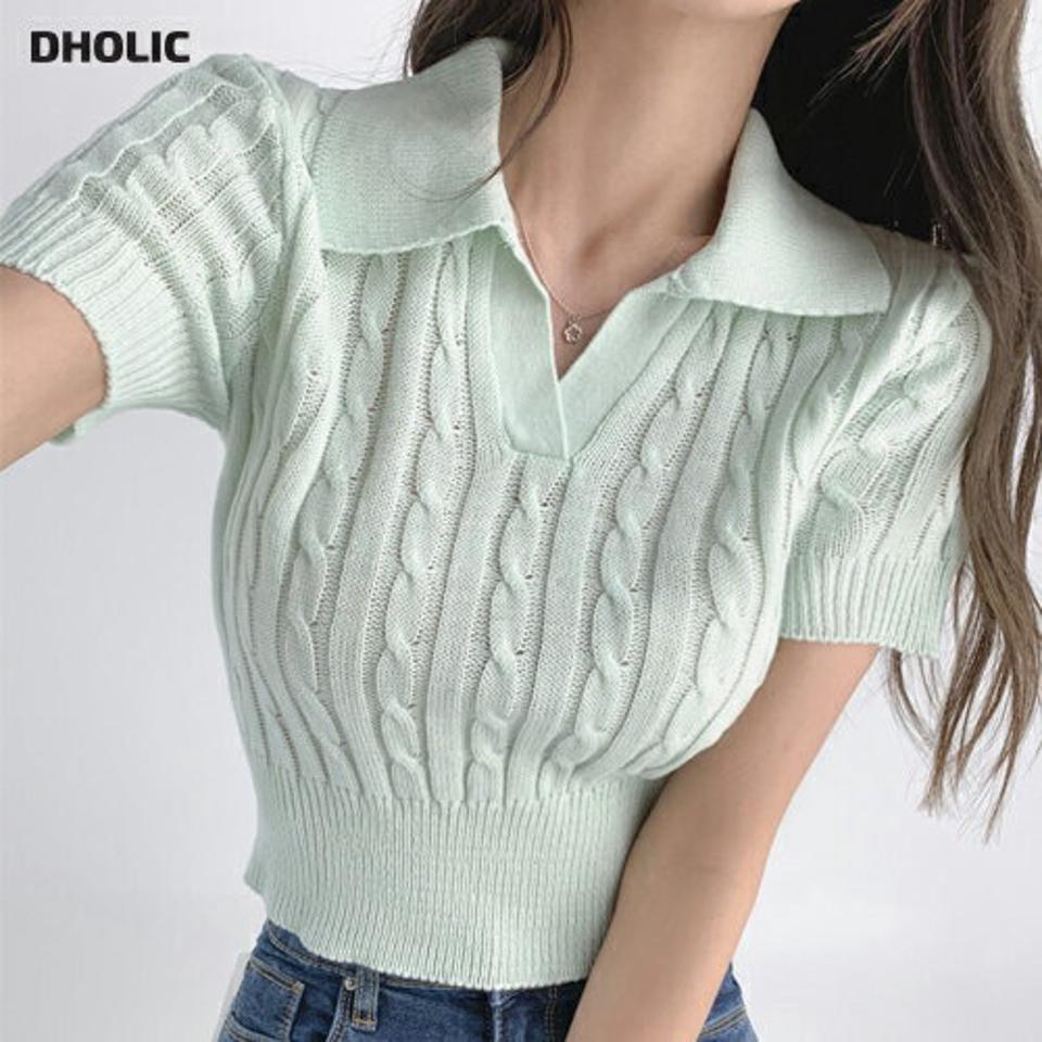 【10%OFF】スキッパーケーブルニット・t03108 レディース 【tops】トップス ニット 半袖 ケーブル編み スキッパー 開襟 ポロ襟 パステル かわいい カジュアル おじ 大人 サマーニット カラーニット 夏 韓国ファッション セール SALE