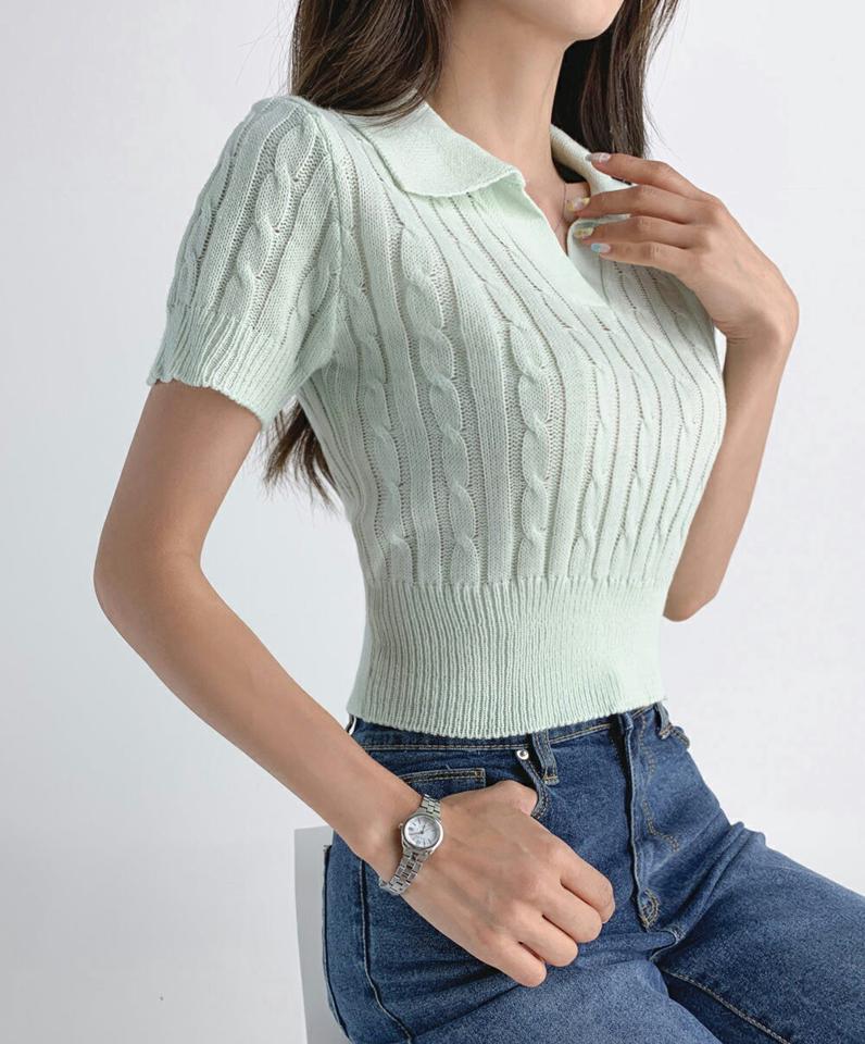 【10%OFF】スキッパーケーブルニット・t03108 レディース 【tops】トップス ニット 半袖 ケーブル編み スキッパー 開襟 ポロ襟 パステル かわいい カジュアル おじ 大人 サマーニット カラーニット 夏 韓国ファッション セール SALE