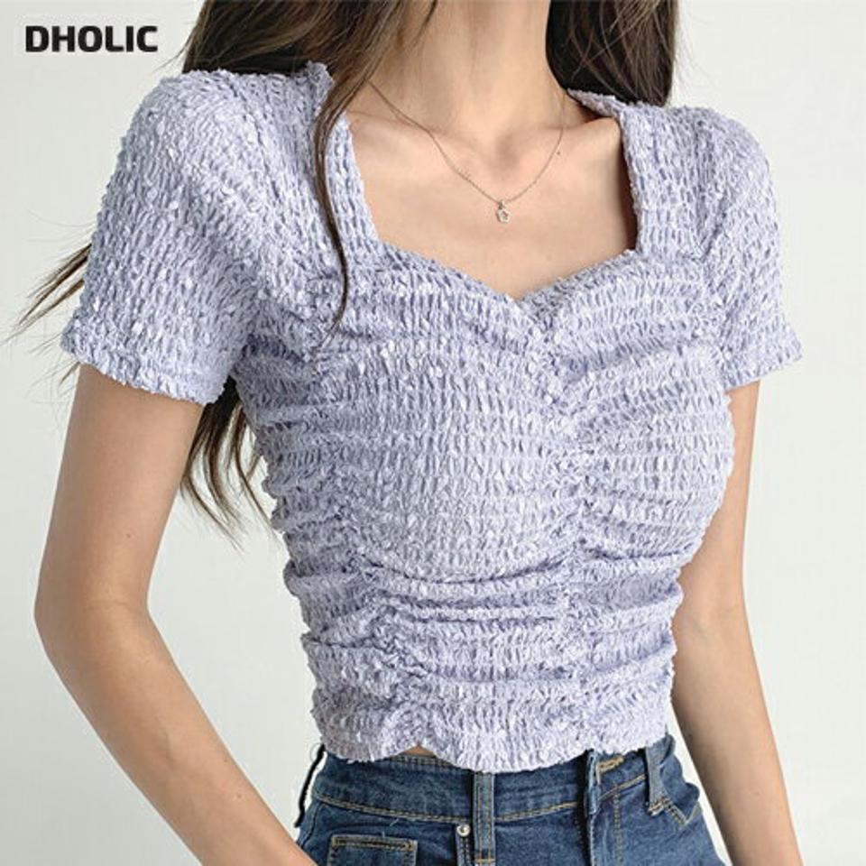 シャーリングリンクルブラウス・t03093 レディース 【bl】トップス ブラウス 半袖 スクエアネック リンクル シャーリング ハートネック 水色 紫 夏 韓国ファッション