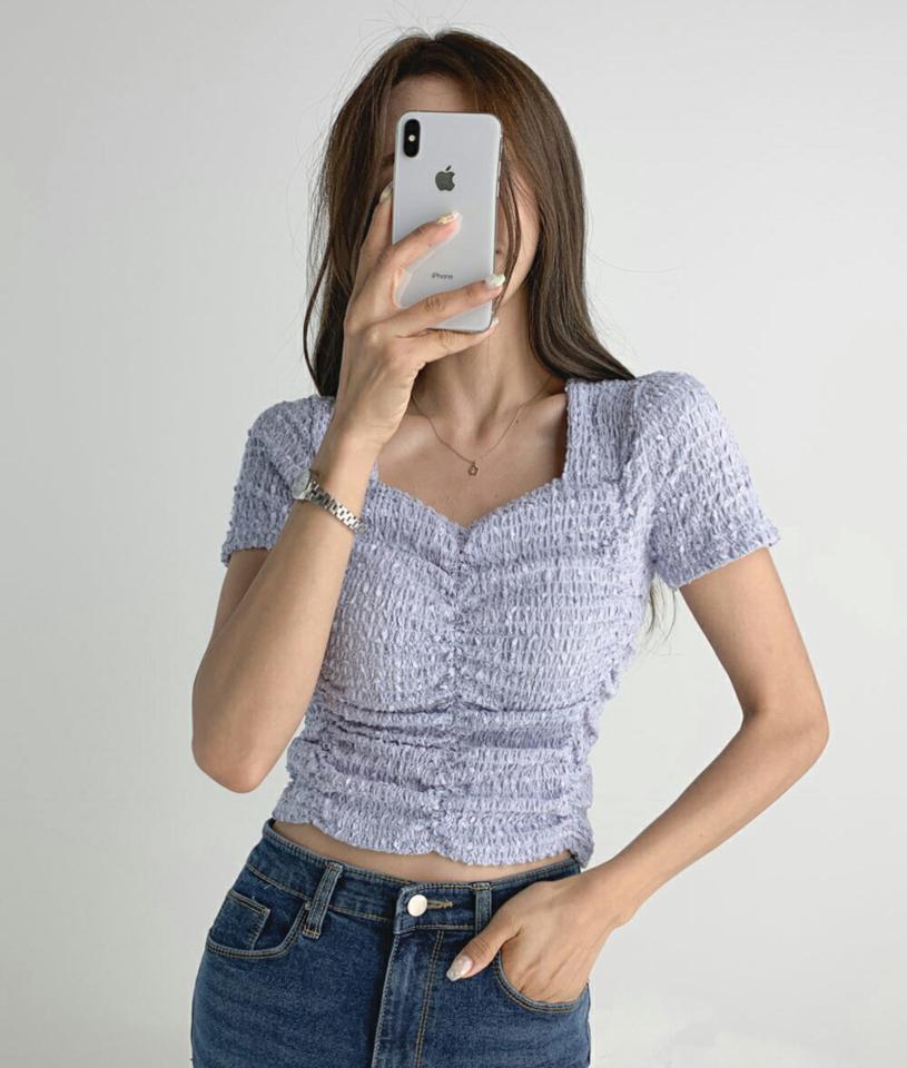 シャーリングリンクルブラウス・t03093 レディース 【bl】トップス ブラウス 半袖 スクエアネック リンクル シャーリング ハートネック 水色 紫 夏 韓国ファッション