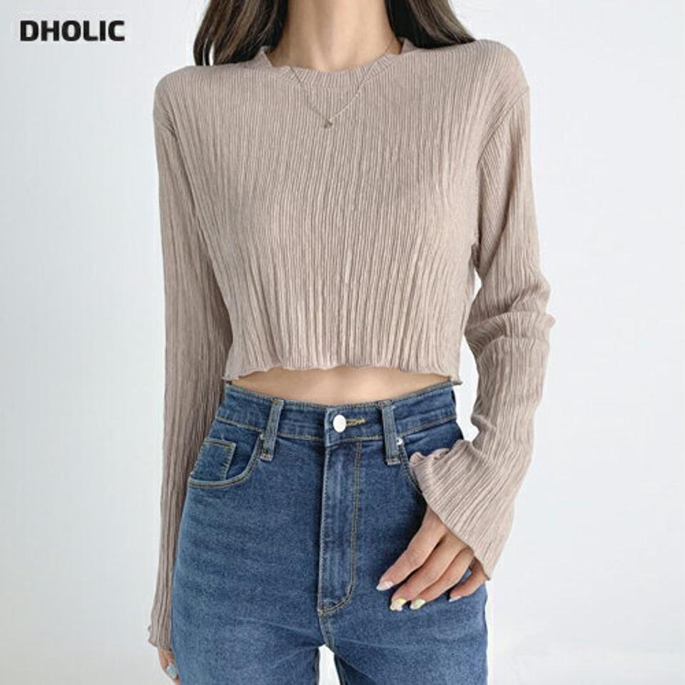 リンクルクロップドTシャツ・t03100 レディース 【tops】トップス Tシャツ 長袖 リンクル クロップド丈 単色 フェミニン シンプル 大人 ラウンドネック ツヤ メロウ ベージュ 春 秋 韓国ファッション