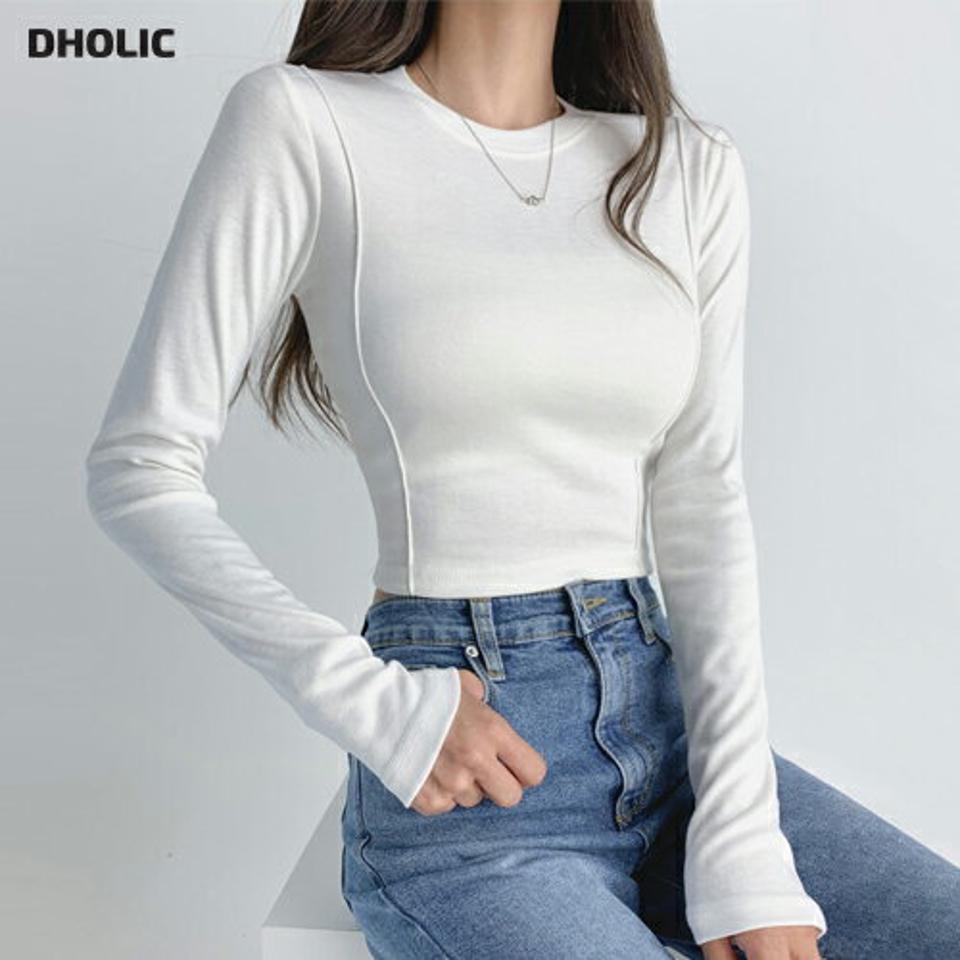 ラインクロップドTシャツ・t03103 レディース 【tops】トップス Tシャツ 長袖 ロンT ラウンドネック クロップド丈 単色 無地 シンプル ベーシック カジュアル スリム タイト 春 秋 韓国ファッション