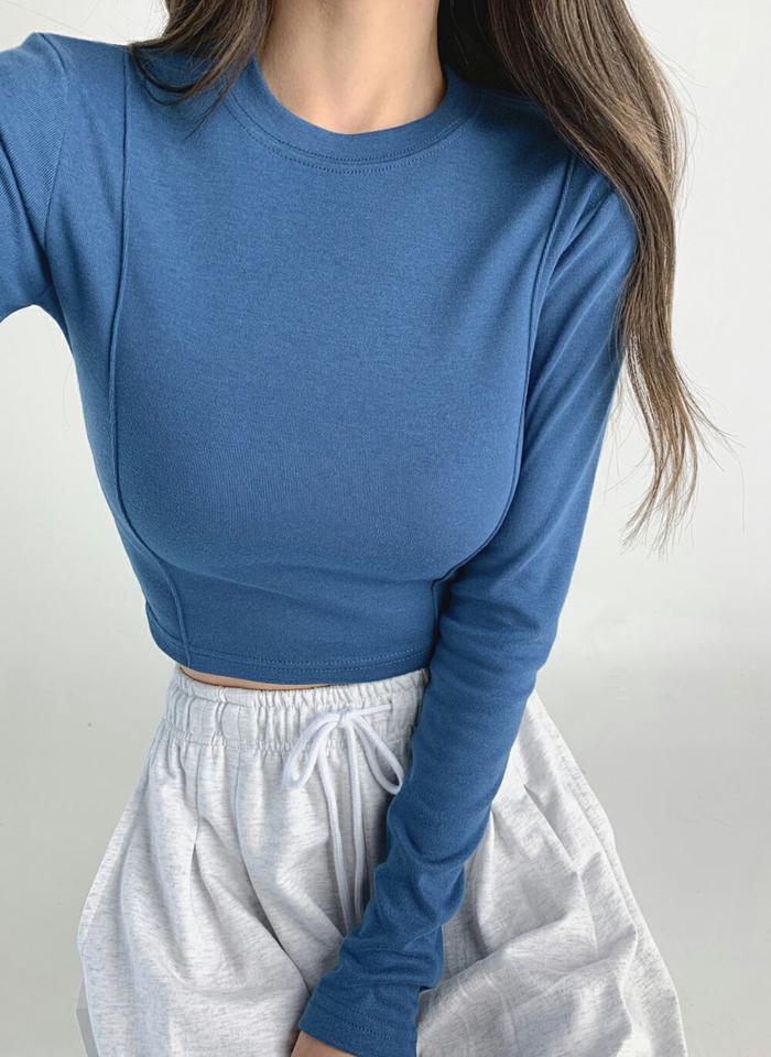 ラインクロップドTシャツ・t03103 レディース 【tops】トップス Tシャツ 長袖 ロンT ラウンドネック クロップド丈 単色 無地 シンプル ベーシック カジュアル スリム タイト 春 秋 韓国ファッション
