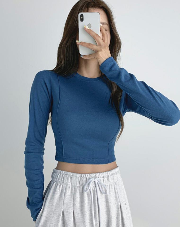 ラインクロップドTシャツ・t03103 レディース 【tops】トップス Tシャツ 長袖 ロンT ラウンドネック クロップド丈 単色 無地 シンプル ベーシック カジュアル スリム タイト 春 秋 韓国ファッション