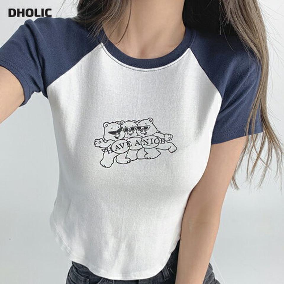 ベアプリントラグランTシャツ・t03101 レディース 【tops】トップス Tシャツ 半袖 ラグランスリーブ くま クマ プリントT カジュアル かわいい 可愛い ポップ スリム タイト 夏 韓国ファッション