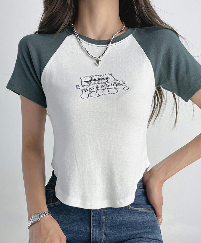 ベアプリントラグランTシャツ・t03101 レディース 【tops】トップス Tシャツ 半袖 ラグランスリーブ くま クマ プリントT カジュアル かわいい 可愛い ポップ スリム タイト 夏 韓国ファッション
